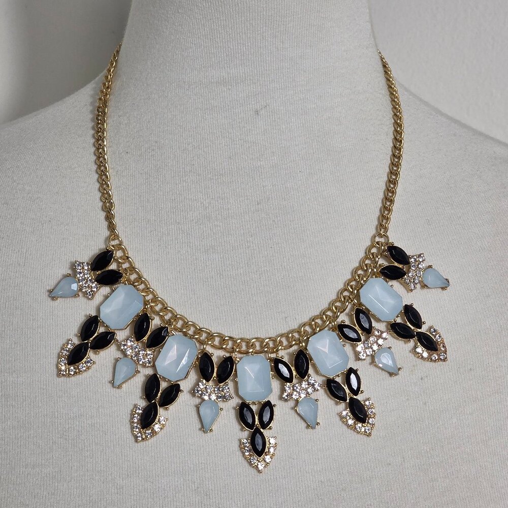 Talbots Opaline White Crystal Black Gold Tone Beaded Statement Necklace